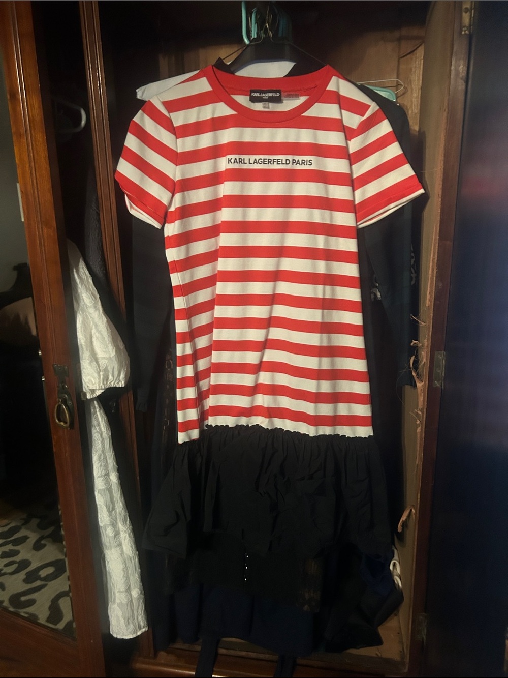 Karl Lagerfeld Red & White Striped Tee Dress with Black Ruffle Hem